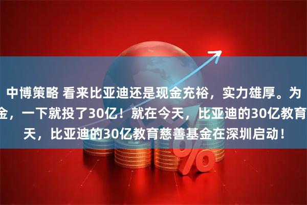 中博策略 看来比亚迪还是现金充裕，实力雄厚。为啥？因为单单教育基金，一下就投了30亿！就在今天，比亚迪的30亿教育慈善基金在深圳启动！